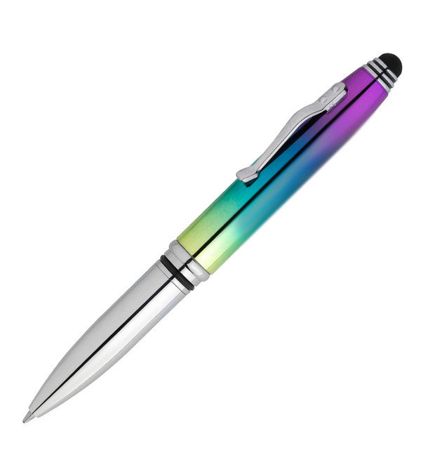 Crowne hochwertiger Kugelschreiber schillernd aus Metall mit Licht & Stylus Schillernd / Chrom